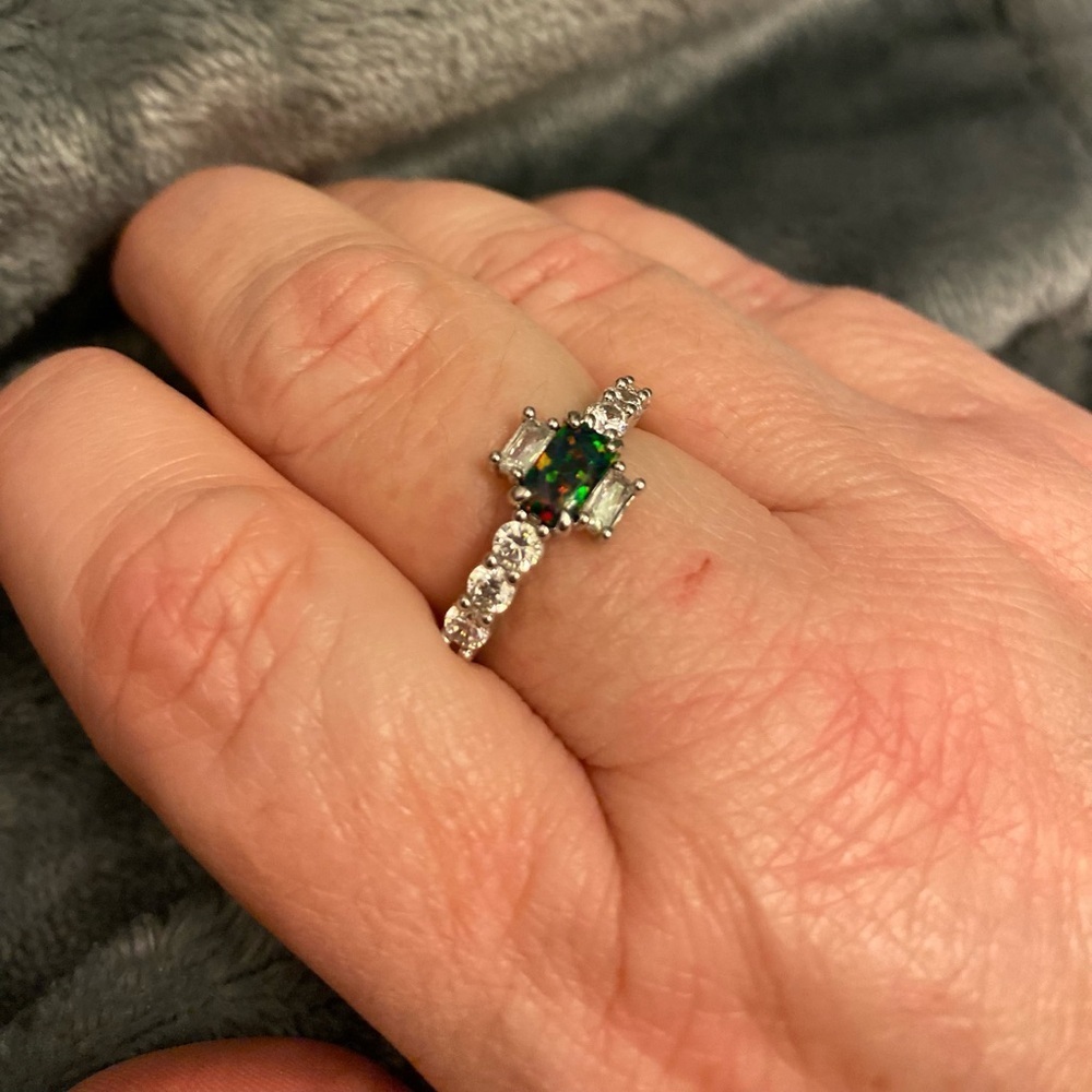 Lab grown ring green red opal Rhodium plating size 10